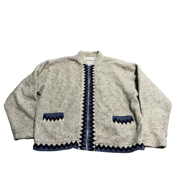 Vintage Jackets & Blazers - VTG 90s Streetwear Womens Medium Deep Pile Fleece Navajo Aztec Trim Sweater Coat